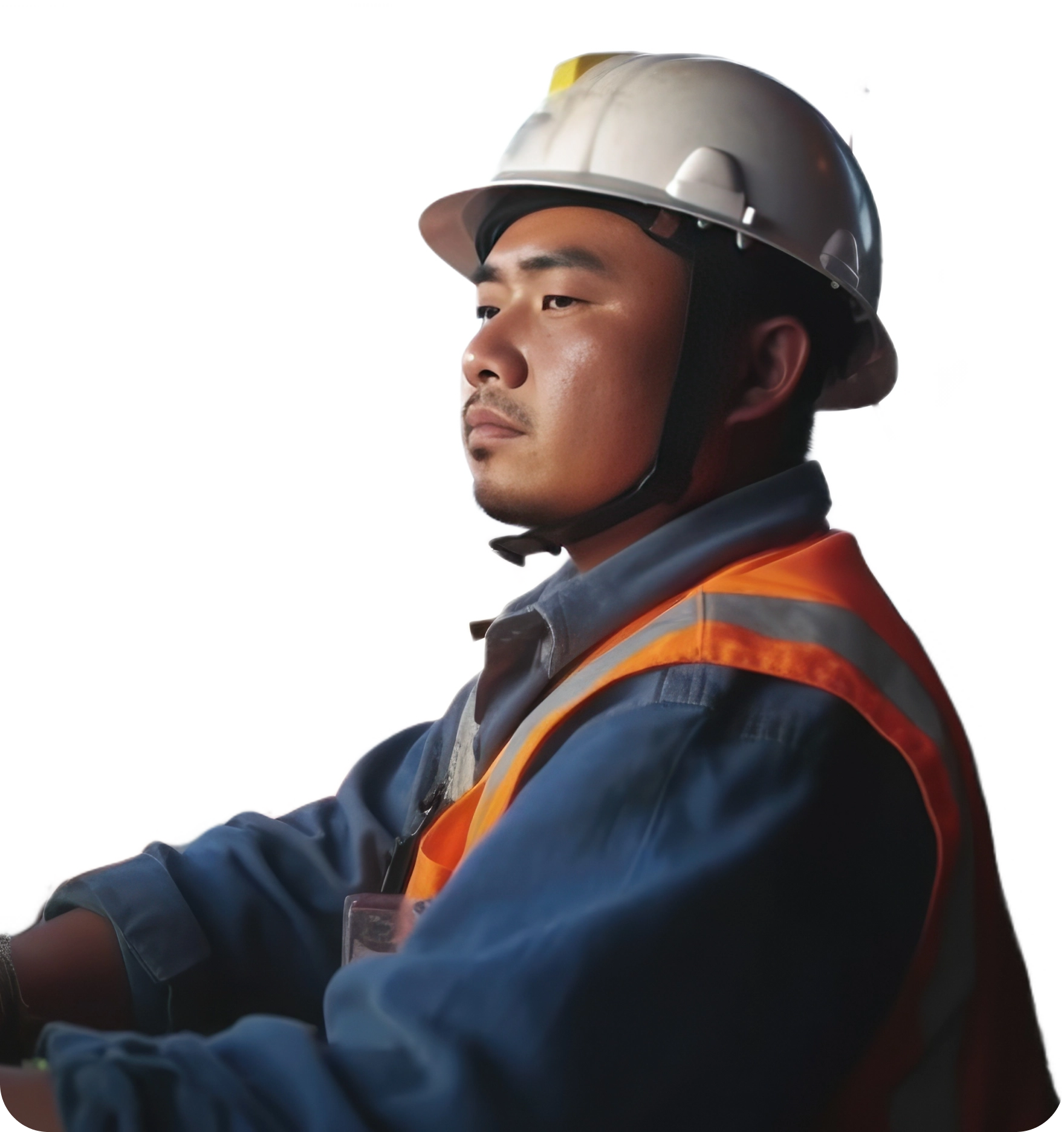 Mongolian construction worker wearing a hardhat and construction vest