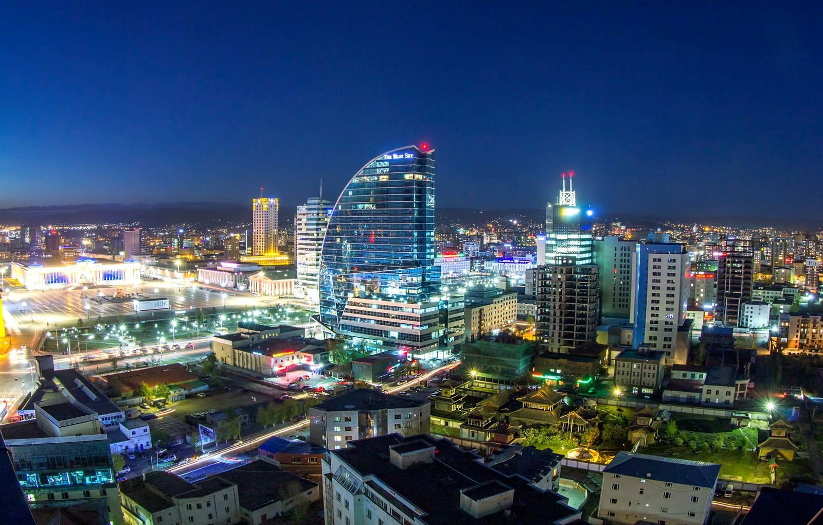 The Blue Sky Tower and Ulaanbaatar skyline at night